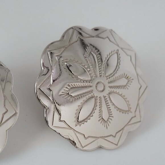 Shiny Chrome Plated Concho Detailed Earrings Pierced 1" - Picture 3 of 5